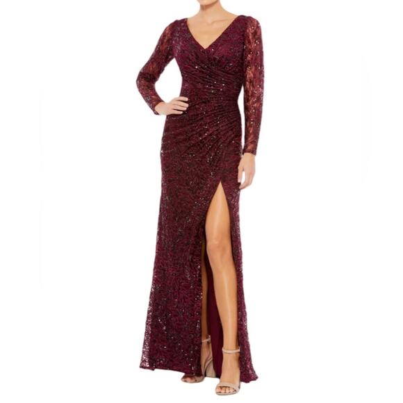 Mac Duggal Long Sleeve Ruched Sequined V-Neck Gown Garnet Women’s Sz 6 NWT - Picture 1 of 9
